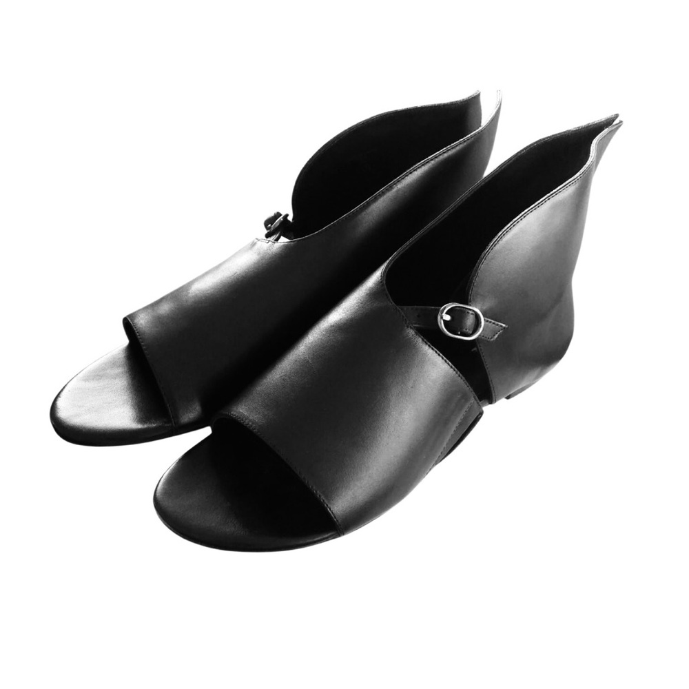 Leon Max Womens Black Leather Open-Toe Avante-garde Flat Bootie Buckle Shoes 7.5